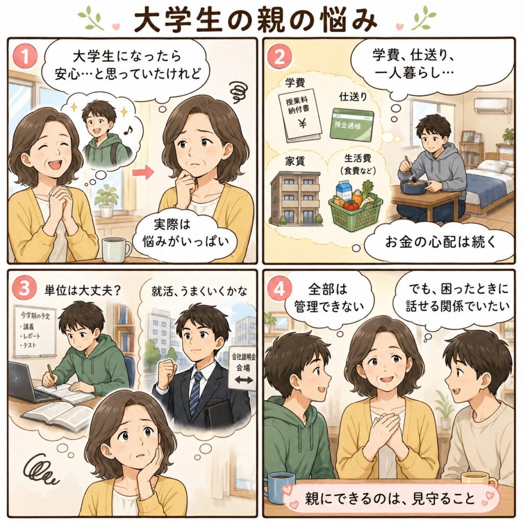 大学生の子どもを持つ親の悩みを、お金・一人暮らし・単位・就活・親子関係の4コマで表したイラスト