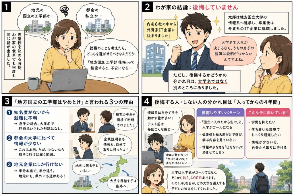 地方国立大学の工学部は後悔する？双子の母の実体験4コマ｜志望校の不安から内定6社・外資IT就職まで