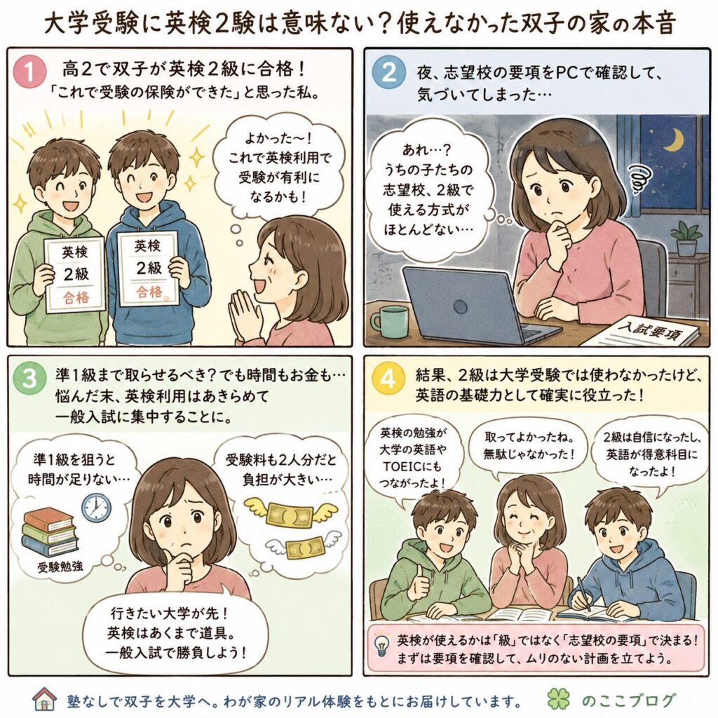 双子の母の4コマ漫画。息子が英検2級合格を報告し、母は受験の保険ができたと喜ぶが、志望校の要項を調べると2級で使える方式がなく、それでも英語の力は無駄にならなかったと気づく話。