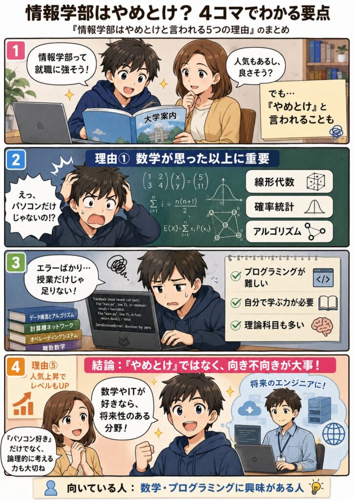 情報学部はやめとけと言われる5つの理由を4コマでまとめた図（数学が思った以上に重要・プログラミングが難しい・自分で学ぶ力が必要・人気上昇でレベルも上昇・向き不向きが大事）