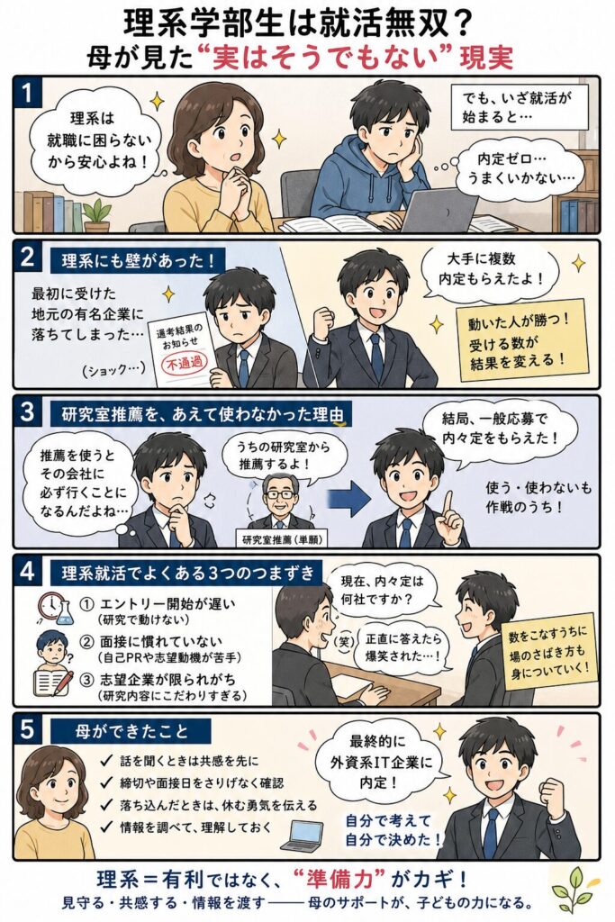 理系学部生の就活を母目線で描いた5コマ漫画。①「理系は就職に困らない」と思ったら息子は内定ゼロ ②地元の有名企業に不通過、攻めた同級生は大手に複数内定 ③研究室推薦を使わず一般応募で内々定 ④エントリーの遅れ・面接慣れ・志望先の狭さという3つのつまずき ⑤共感と情報収集で母が支え、最終的に外資系IT企業へ内定。理系＝有利ではなく準備力がカギ。