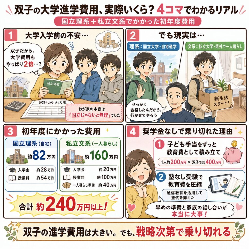 双子の大学進学費用の初年度費用を国立理系と私立文系で比較した4コマ図解
