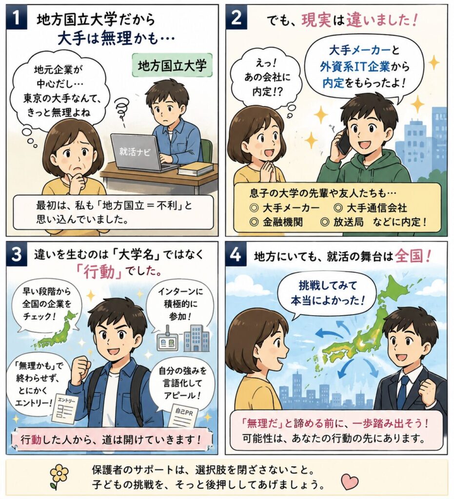 双子の母の実体験4コマ|「地方国立だから大手は無理」と思い込んでいた母が、息子と友人たちの大手メーカー・外資IT内定を見るまで
