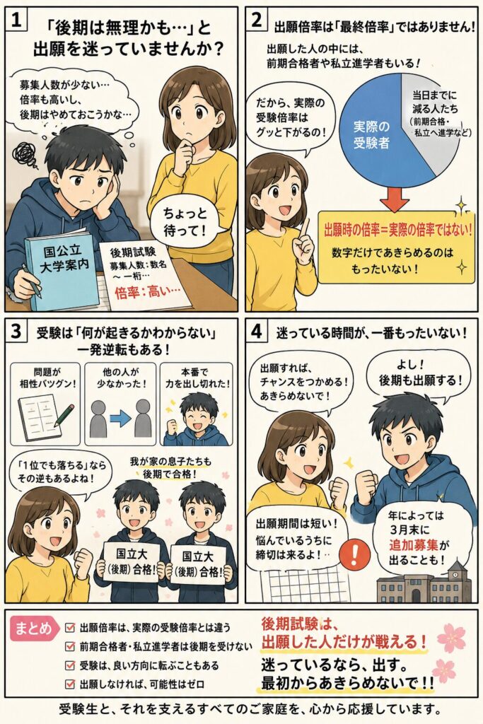 国公立後期の出願を迷ったら——出願倍率は実際の受験倍率ではない・「1位でも落ちる」なら逆もある・迷っているなら出す、を双子の母が描いた4コマ漫画