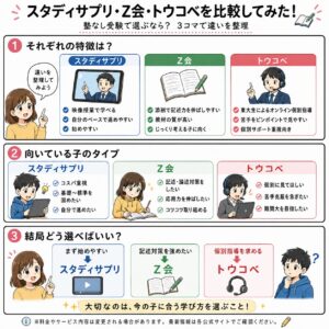 スタディサプリ・Z会・トウコベの比較図解