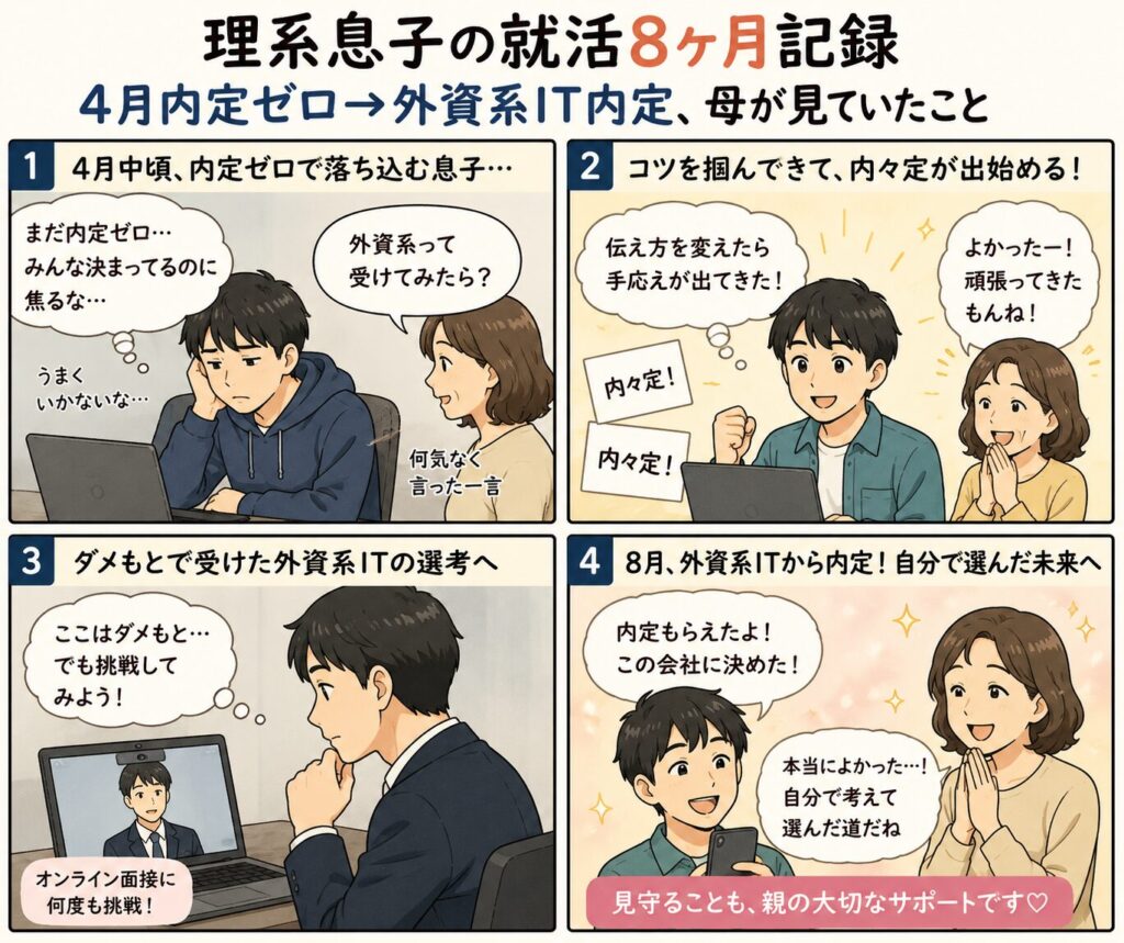 理系息子の就活8ヶ月——大学院か就職かで迷い、4月は内定ゼロ、母の「外資系受けてみたら?」の一言をきっかけに動き出し、8月に外資系ITへ内定するまでを見守った双子の母の4コマ漫画