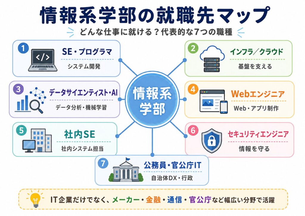 情報系学部の就職先マップ｜SE・インフラ・データサイエンティスト・社内SE・セキュリティ・公務員ITなど代表的な7職種
