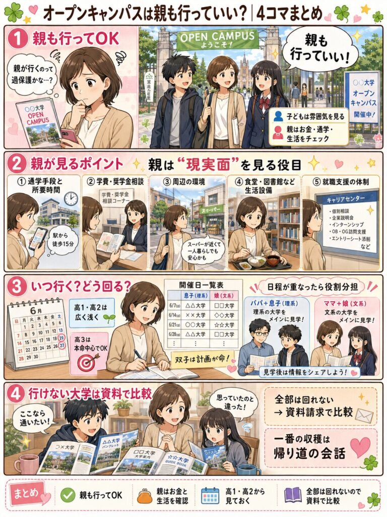 オープンキャンパスに親も行っていい理由と親が見るポイントを4コマでまとめた図解