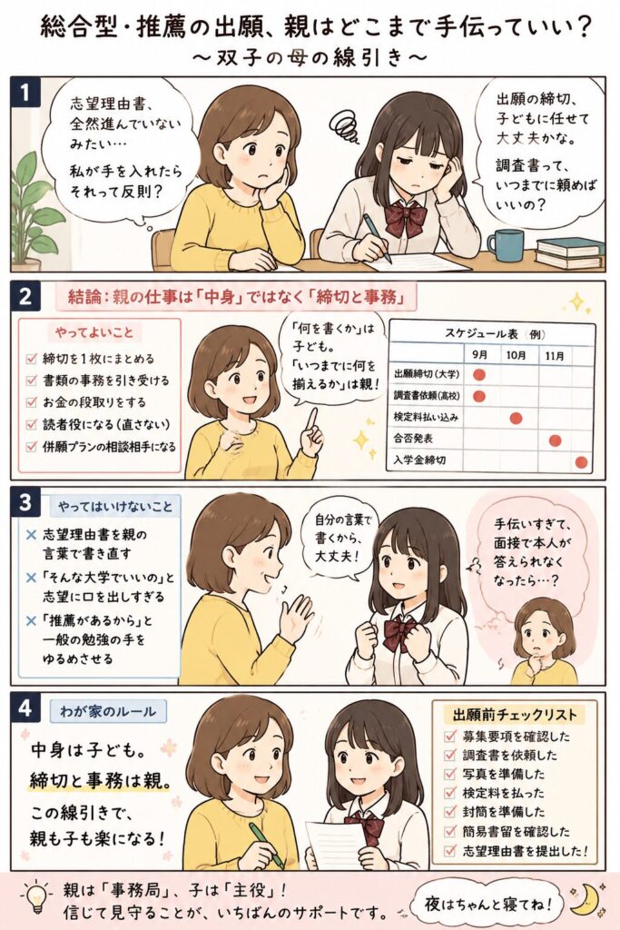 総合型・推薦の出願、親はどこまで手伝っていい?双子の母の線引き(4コマ解説)