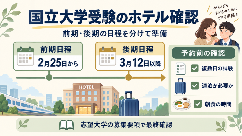 国立大学受験のホテル予約で確認する日程