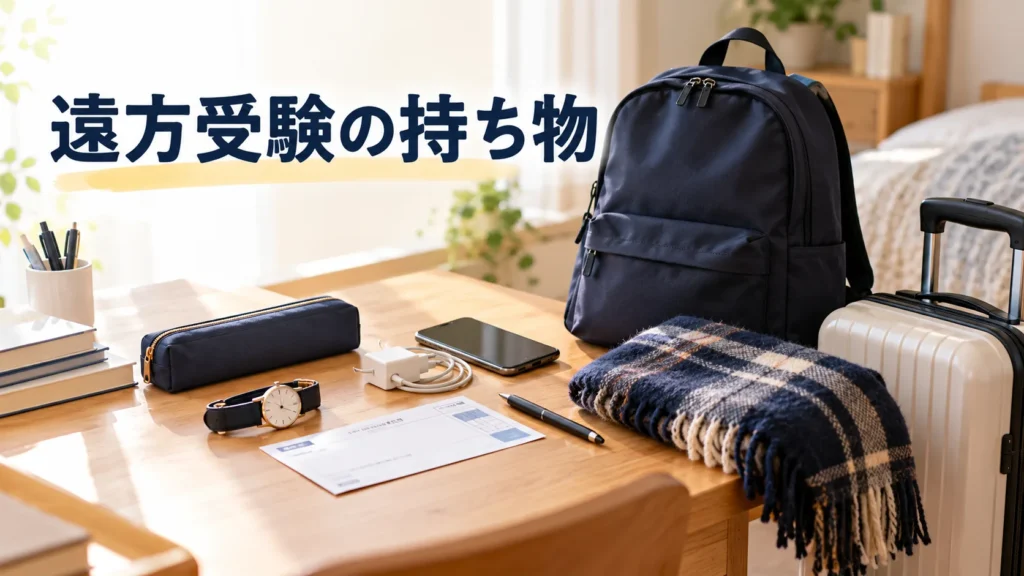 遠方受験の持ち物を並べた机とリュック、キャリーケース